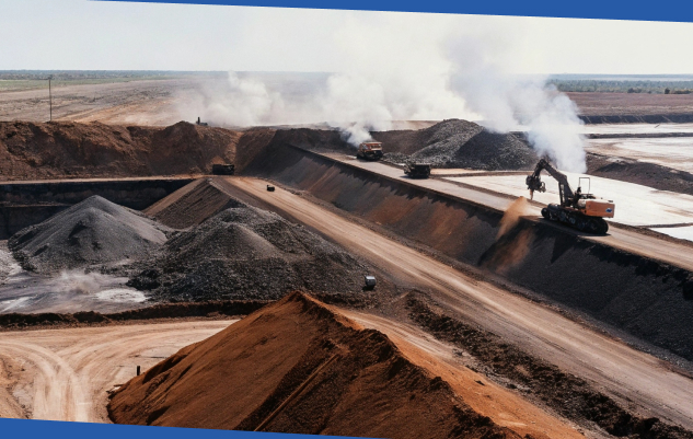 Open-pit mining site with excavators, haul trucks, dark coal piles, and steam rising across a stark, expansive industrial landscape.